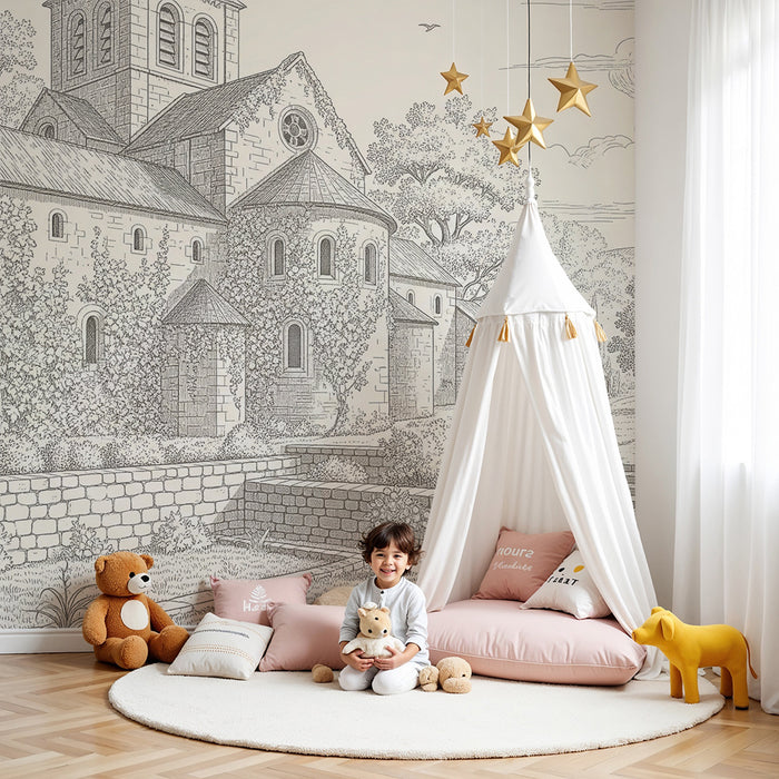 Papel de parede para quarto infantil | Paisagem campestre com igreja e pomares luxuriantes