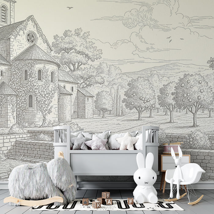 Papel de parede para quarto infantil | Paisagem campestre com igreja e pomares luxuriantes