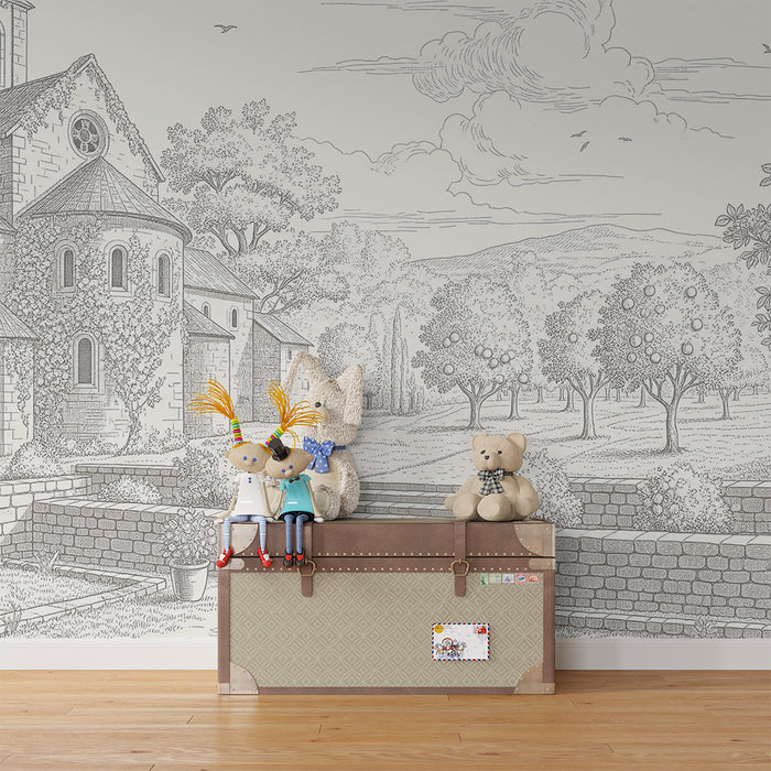 Papel de parede para quarto infantil | Paisagem campestre com igreja e pomares luxuriantes