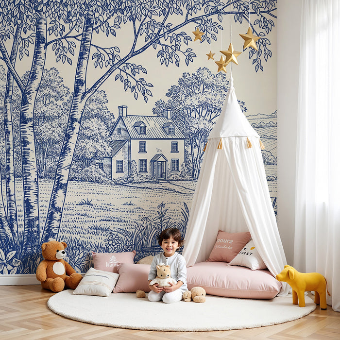 Children's bedroom wallpaper | Pastoral landscape with house and pond