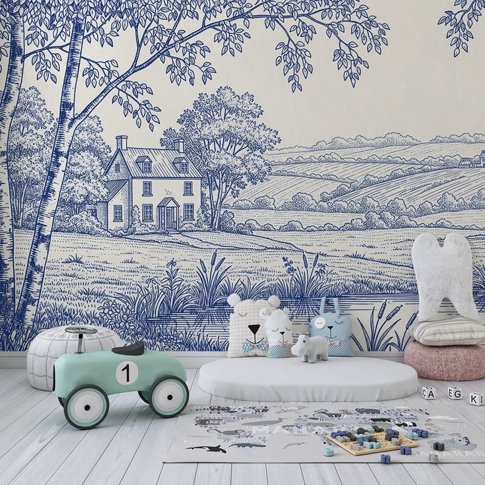 Children's bedroom wallpaper | Pastoral landscape with house and pond