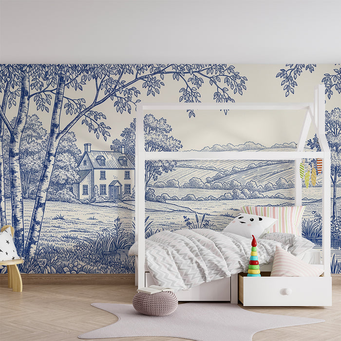 Children's bedroom wallpaper | Pastoral landscape with house and pond