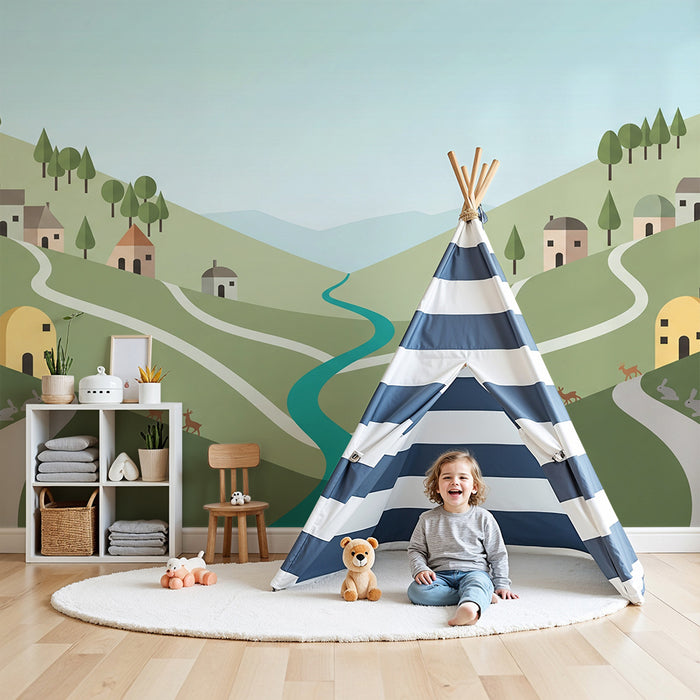 Behang kinderkamer | Landelijk landschap met huisjes en dieren
