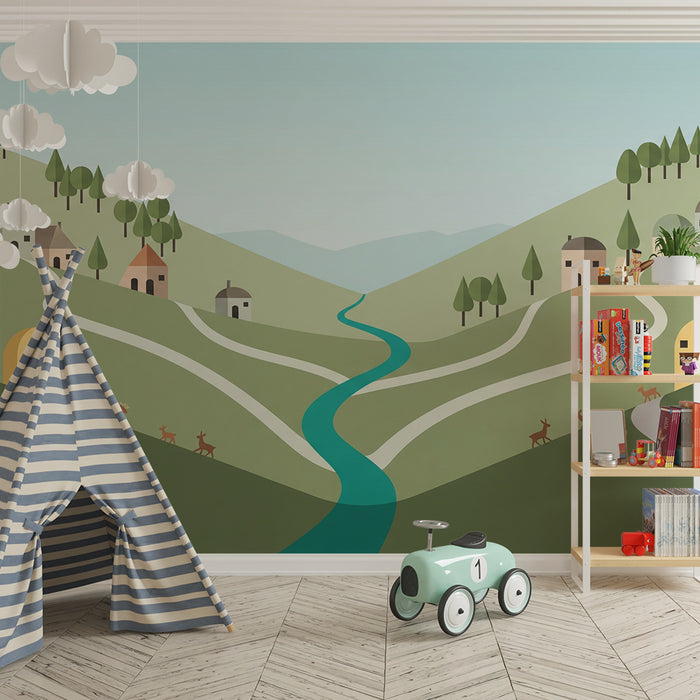 Behang kinderkamer | Landelijk landschap met huisjes en dieren