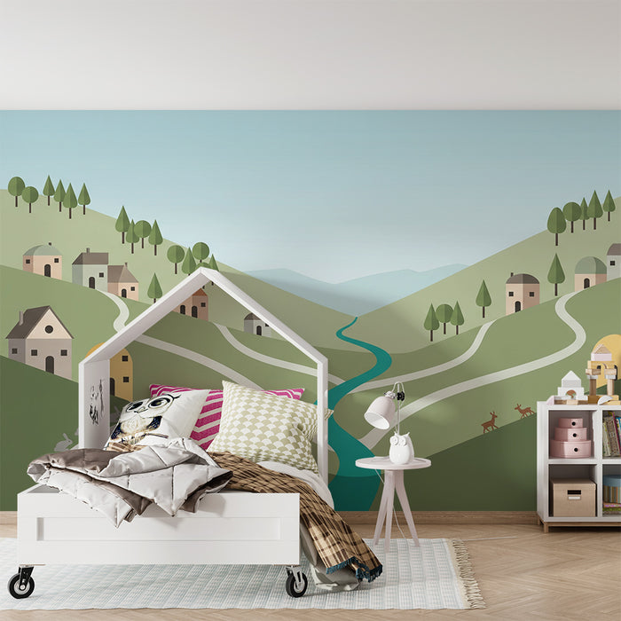 Behang kinderkamer | Landelijk landschap met huisjes en dieren