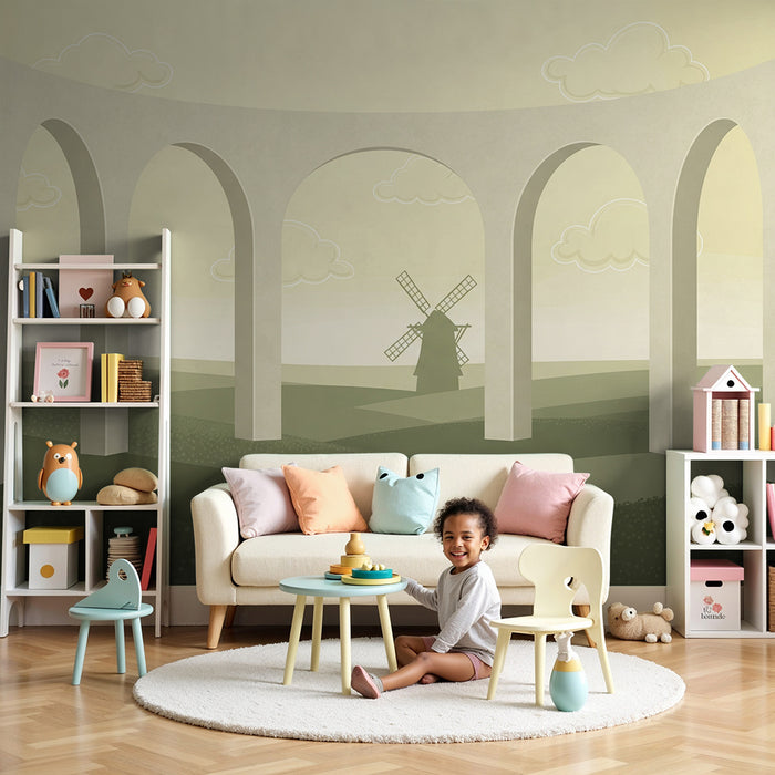 Behang kinderkamer | Pastoraal landschap met windmolen en elegante bogen