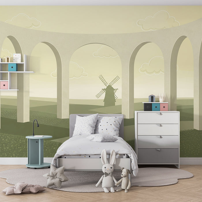 Behang kinderkamer | Pastoraal landschap met windmolen en elegante bogen