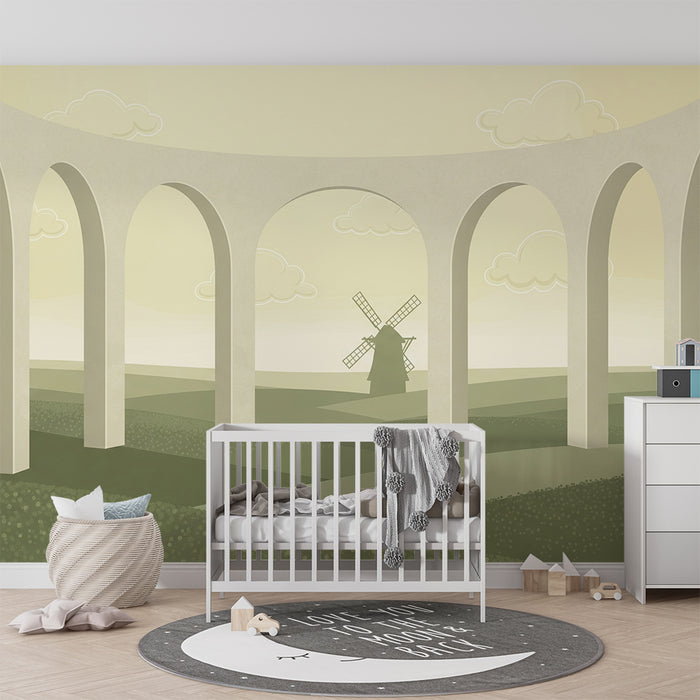 Behang kinderkamer | Pastoraal landschap met windmolen en elegante bogen