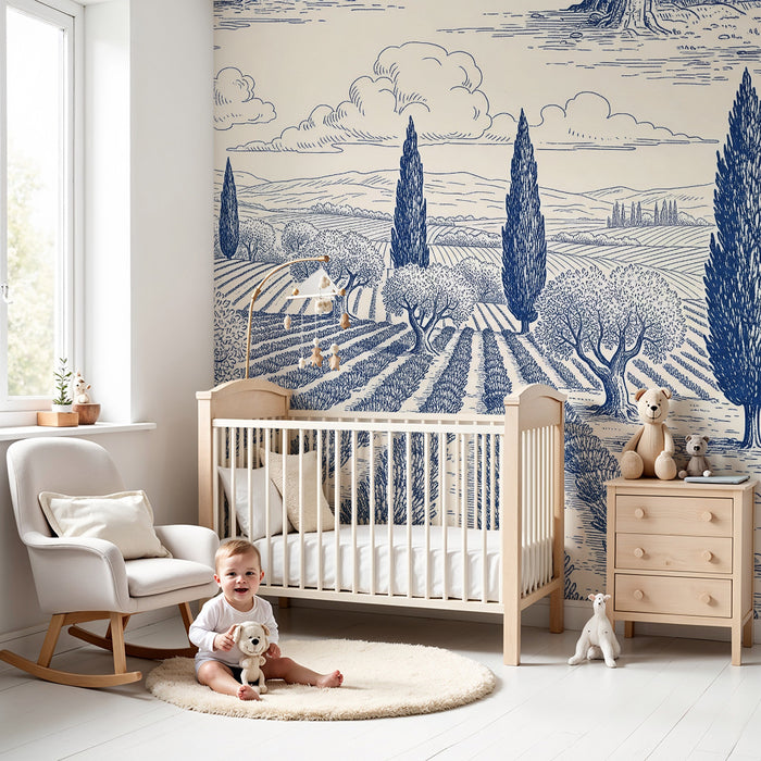 Children's bedroom wallpaper | Pastoral landscape with olive trees and lined fields