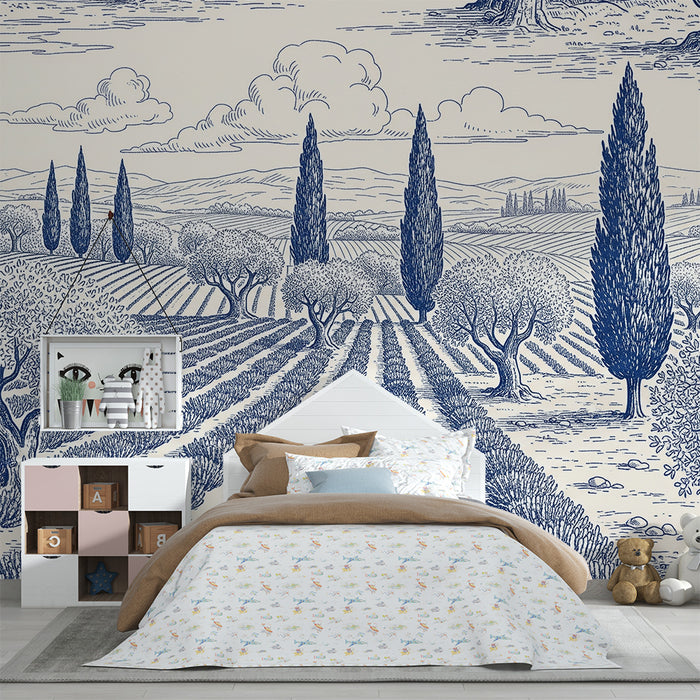 Children's bedroom wallpaper | Pastoral landscape with olive trees and lined fields