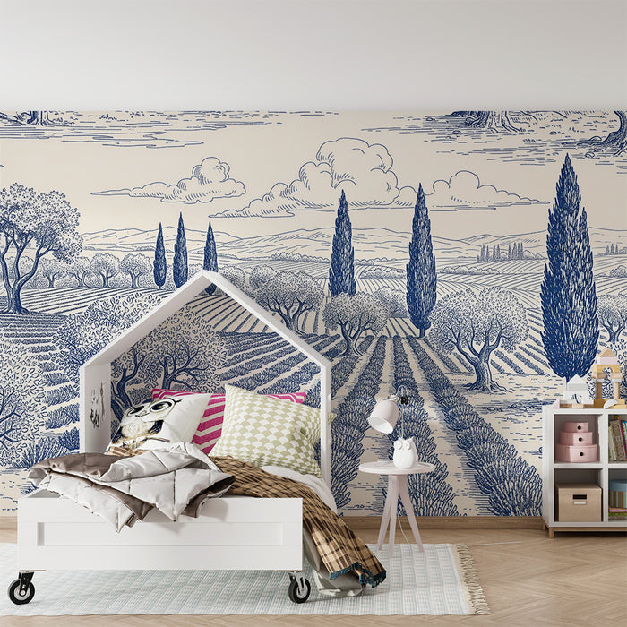 Children's bedroom wallpaper | Pastoral landscape with olive trees and lined fields