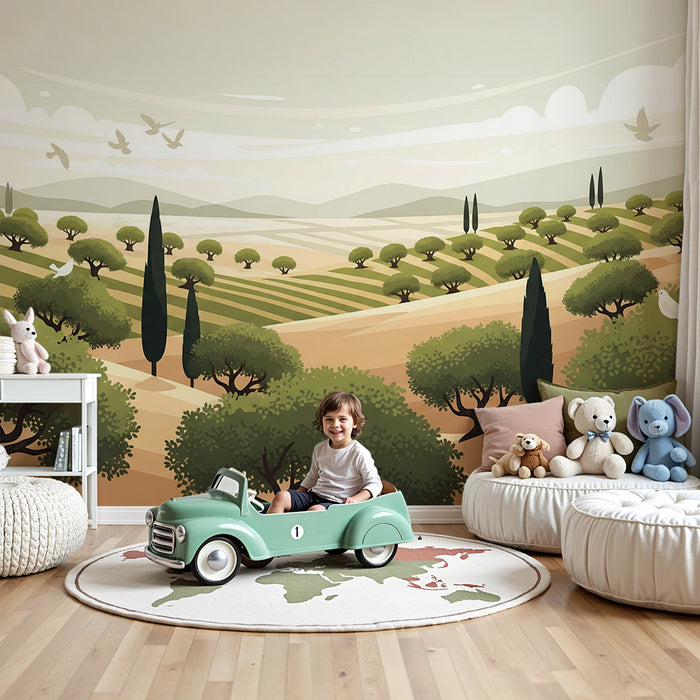 Papel pintado infantil | Paisaje pastoril con olivos y cielo apacible