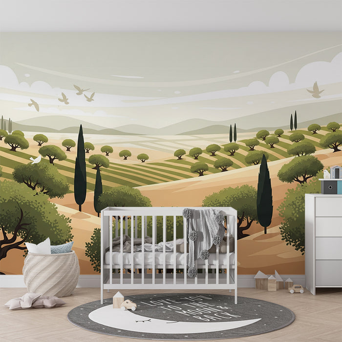 Papel pintado infantil | Paisaje pastoril con olivos y cielo apacible