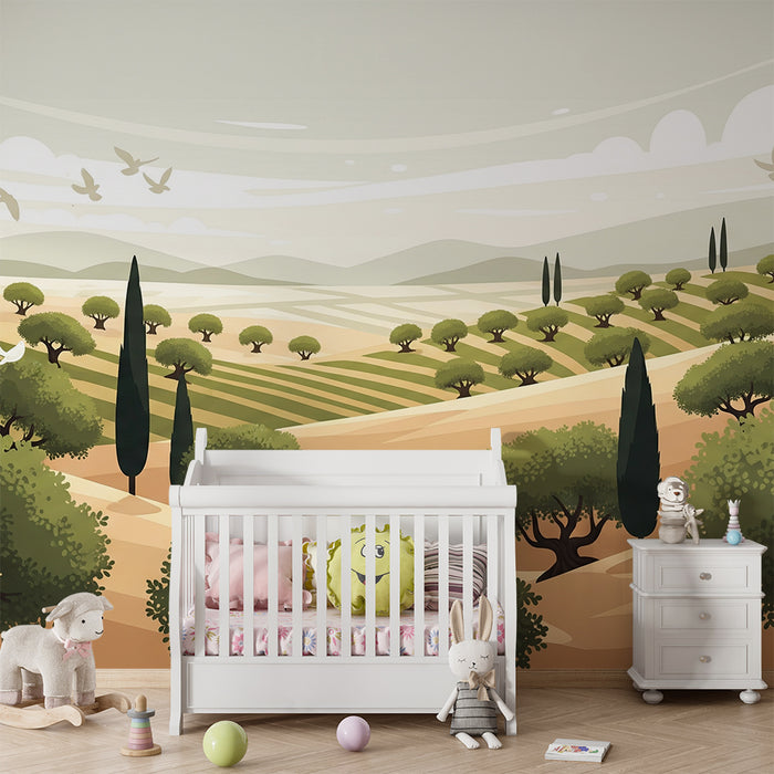 Papel pintado infantil | Paisaje pastoril con olivos y cielo apacible
