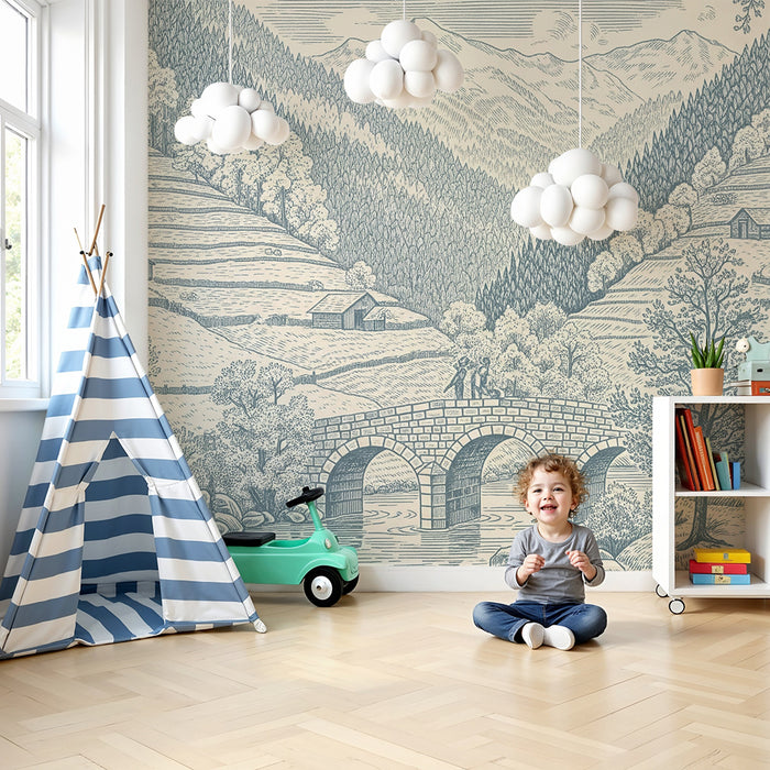 Papel de parede para quarto infantil | Paisagem campestre com ponte e montanhas