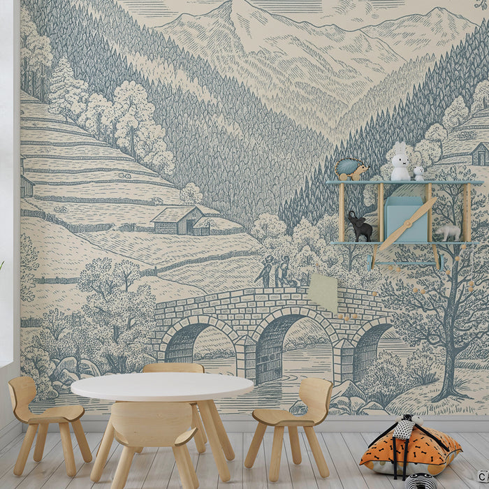 Papel de parede para quarto infantil | Paisagem campestre com ponte e montanhas