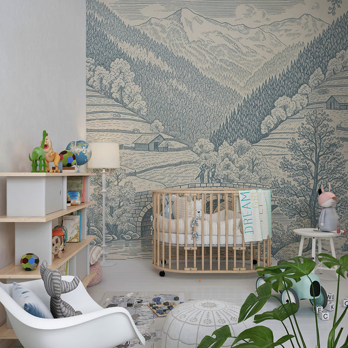 Papel de parede para quarto infantil | Paisagem campestre com ponte e montanhas