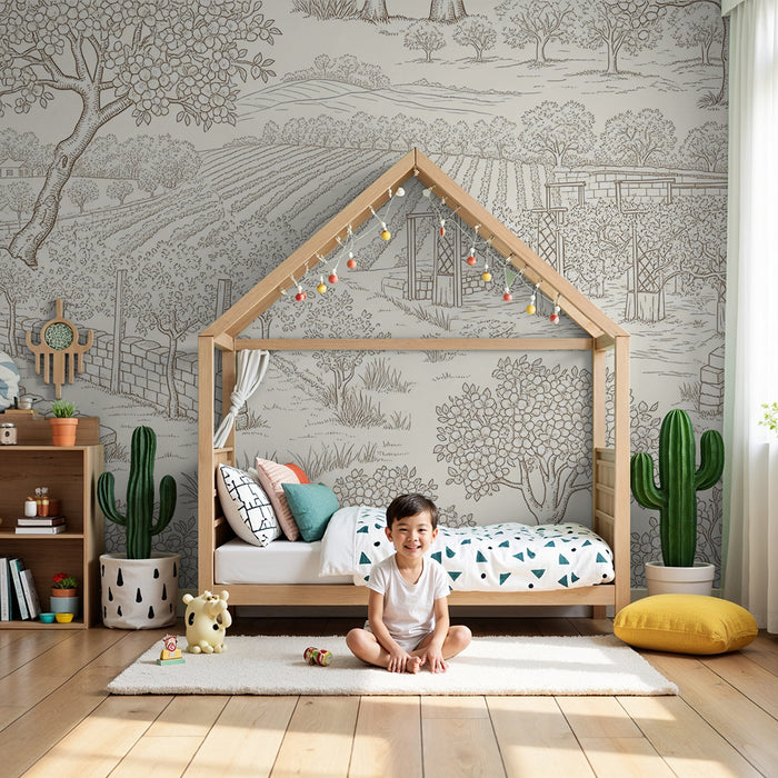 Children's bedroom wallpaper | Pastoral landscape with orchards and fields