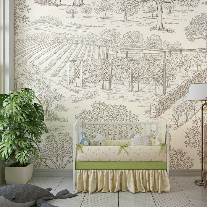 Children's bedroom wallpaper | Pastoral landscape with orchards and fields