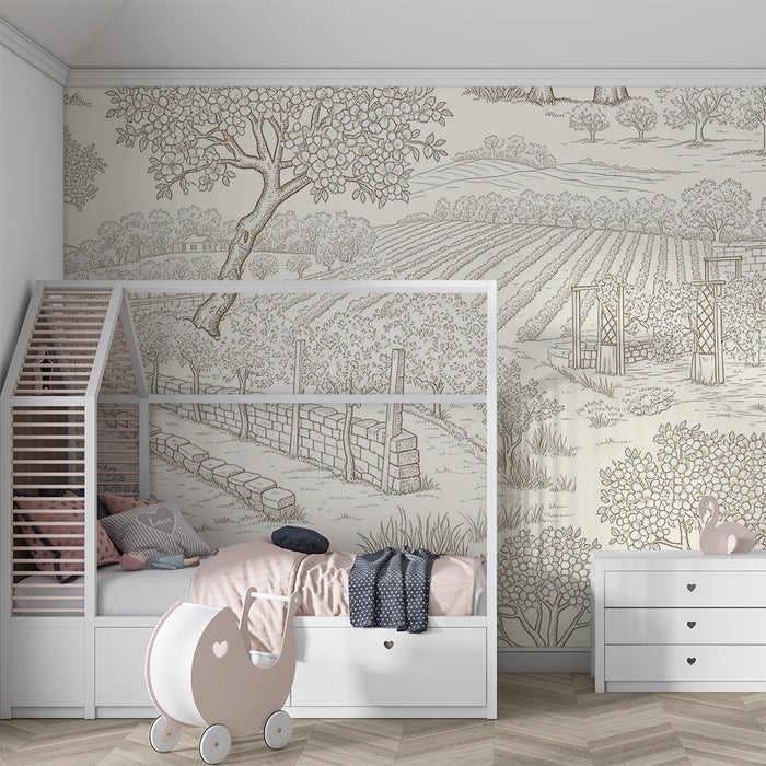 Children's bedroom wallpaper | Pastoral landscape with orchards and fields