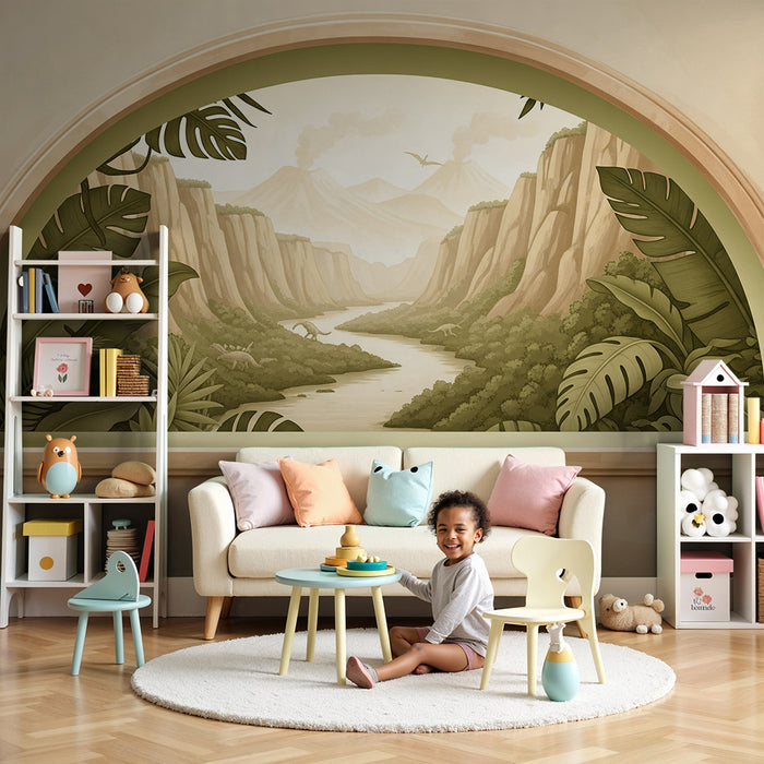 Papel de parede para quarto infantil | Paisagem pré-histórica com dinossauros e vegetação luxuriante