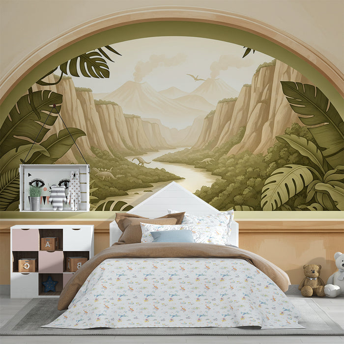 Papel de parede para quarto infantil | Paisagem pré-histórica com dinossauros e vegetação luxuriante