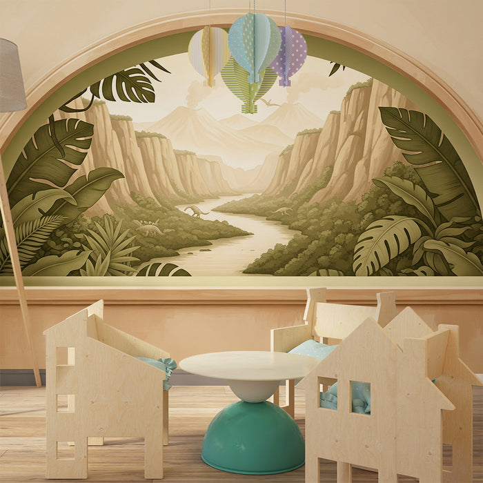 Papel de parede para quarto infantil | Paisagem pré-histórica com dinossauros e vegetação luxuriante