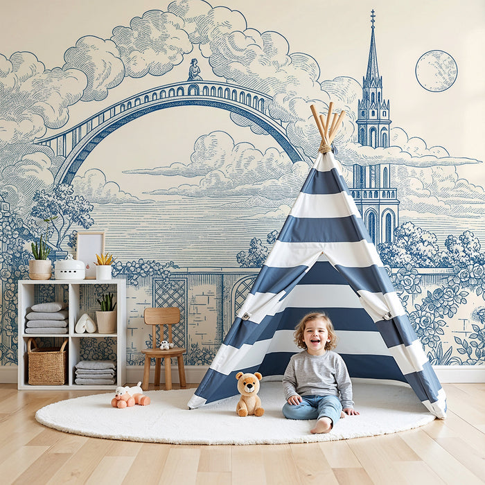 Papel de parede para quarto infantil | Paisagem romântica com arco e flores delicadas