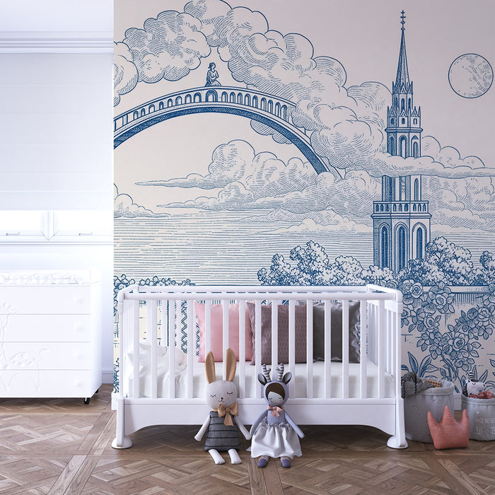 Papel de parede para quarto infantil | Paisagem romântica com arco e flores delicadas