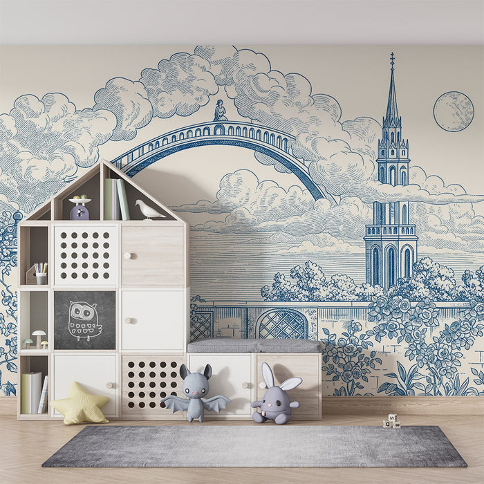 Papel de parede para quarto infantil | Paisagem romântica com arco e flores delicadas