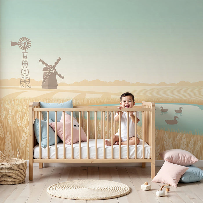 Behang voor kinderkamer | Landelijk landschap met graanvelden en eenden