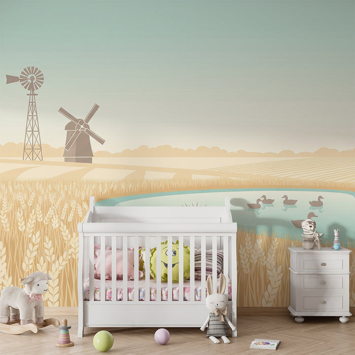 Behang voor kinderkamer | Landelijk landschap met graanvelden en eenden