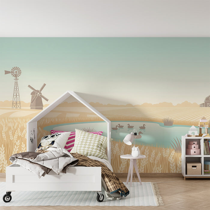 Behang voor kinderkamer | Landelijk landschap met graanvelden en eenden
