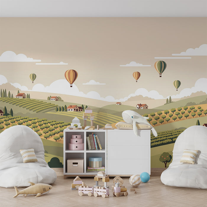 Papel de parede criança | Paisagem rural com balões de ar quente e casas pitorescas
