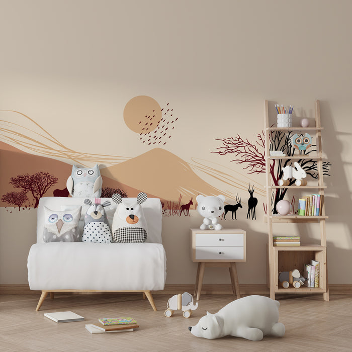 Papier peint chambre enfant | Paysage safari stylisé avec animaux