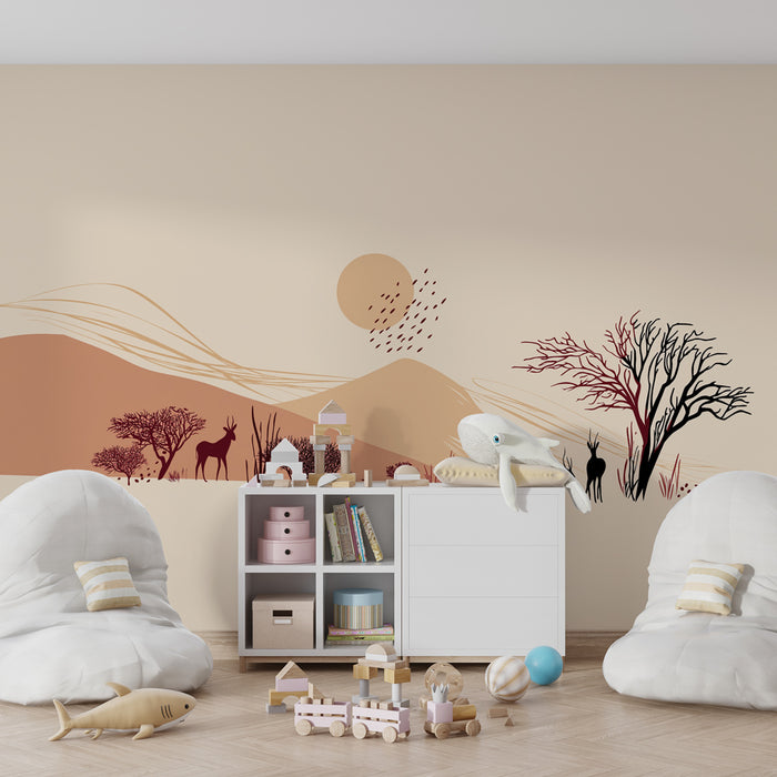 Papier peint chambre enfant | Paysage safari stylisé avec animaux