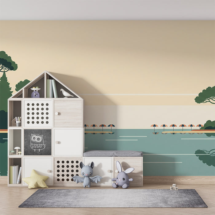 Behang kinderkamer | Rustig landschap met bomen en weerspiegeling in het water