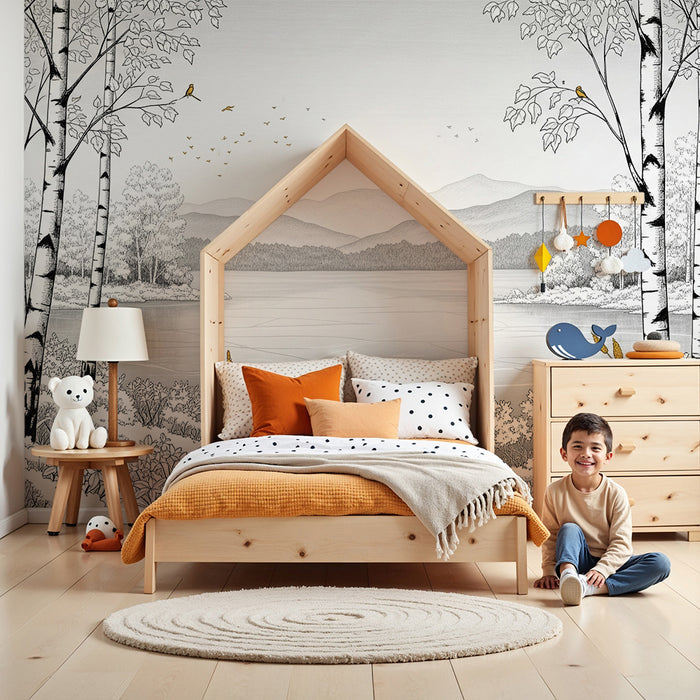 Kinderzimmer Tapete | Ruhige Landschaft mit Birken und ruhigem See