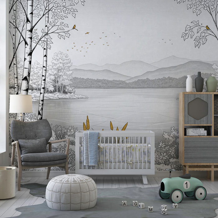 Kinderzimmer Tapete | Ruhige Landschaft mit Birken und ruhigem See