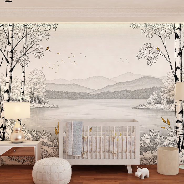 Kinderzimmer Tapete | Ruhige Landschaft mit Birken und ruhigem See