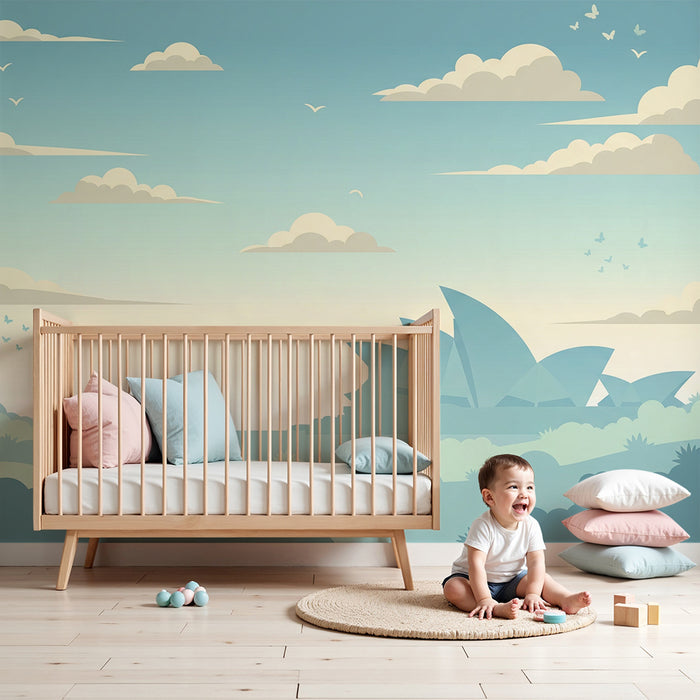 Papel de parede para quarto infantil | Paisagem serena com céu azul e silhuetas de edifícios modernos