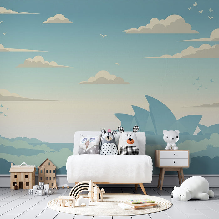 Papel de parede para quarto infantil | Paisagem serena com céu azul e silhuetas de edifícios modernos