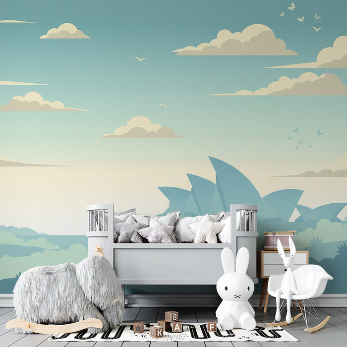 Papel de parede para quarto infantil | Paisagem serena com céu azul e silhuetas de edifícios modernos