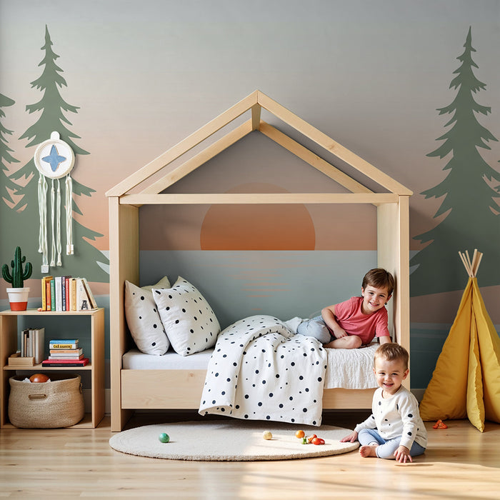Papier peint chambre enfant | Paysage serein avec coucher de soleil et pinèdes