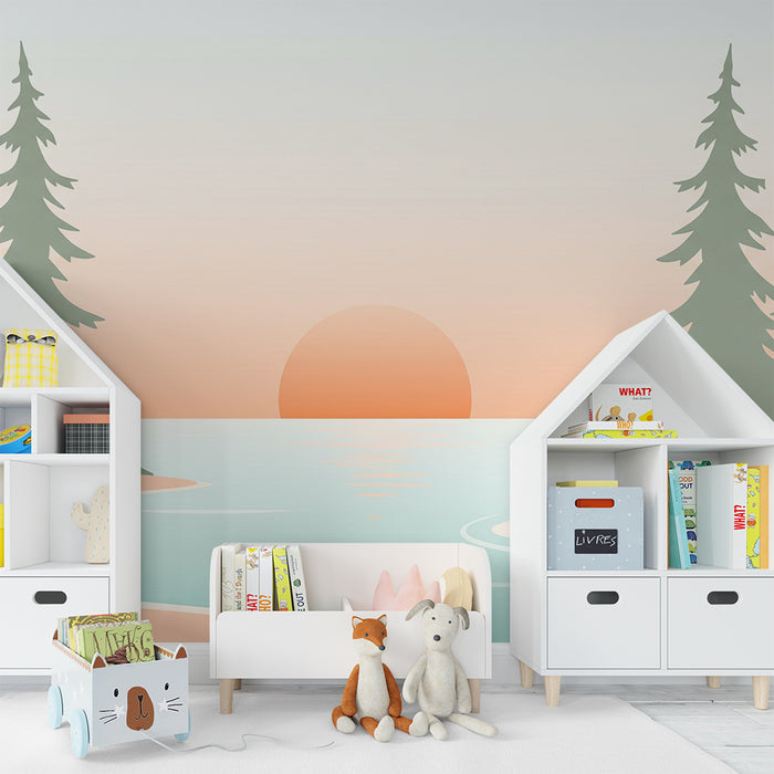 Papier peint chambre enfant | Paysage serein avec coucher de soleil et pinèdes