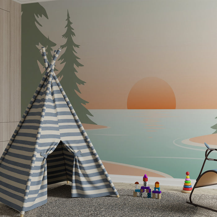 Papier peint chambre enfant | Paysage serein avec coucher de soleil et pinèdes