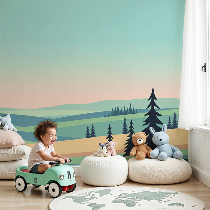 Carta da parati bambini | Paesaggio sereno con foreste stilizzate e dolci colline