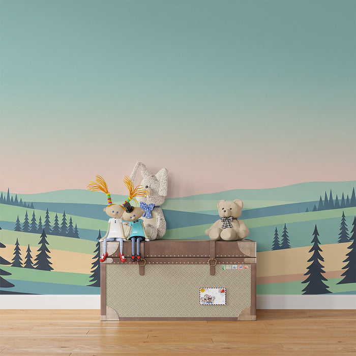 Carta da parati bambini | Paesaggio sereno con foreste stilizzate e dolci colline