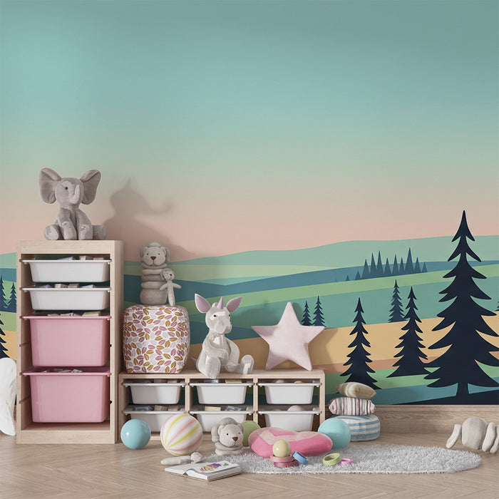 Carta da parati bambini | Paesaggio sereno con foreste stilizzate e dolci colline