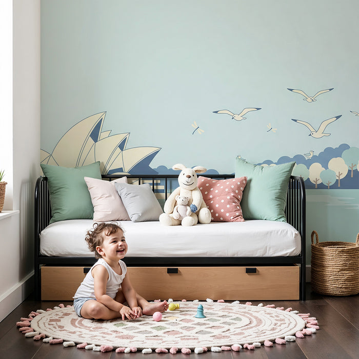 Papel de parede infantil | Paisagem serena com a Ópera de Sydney e aves em voo
